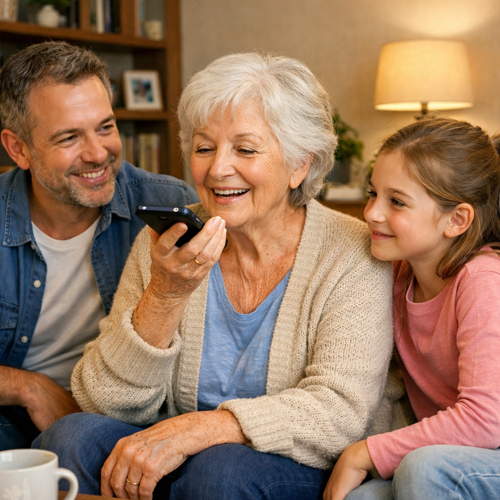 Grandmother recording a story on her phone while family listens