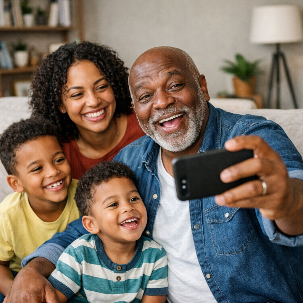 Grandfather taking a family selfie with grandchildren