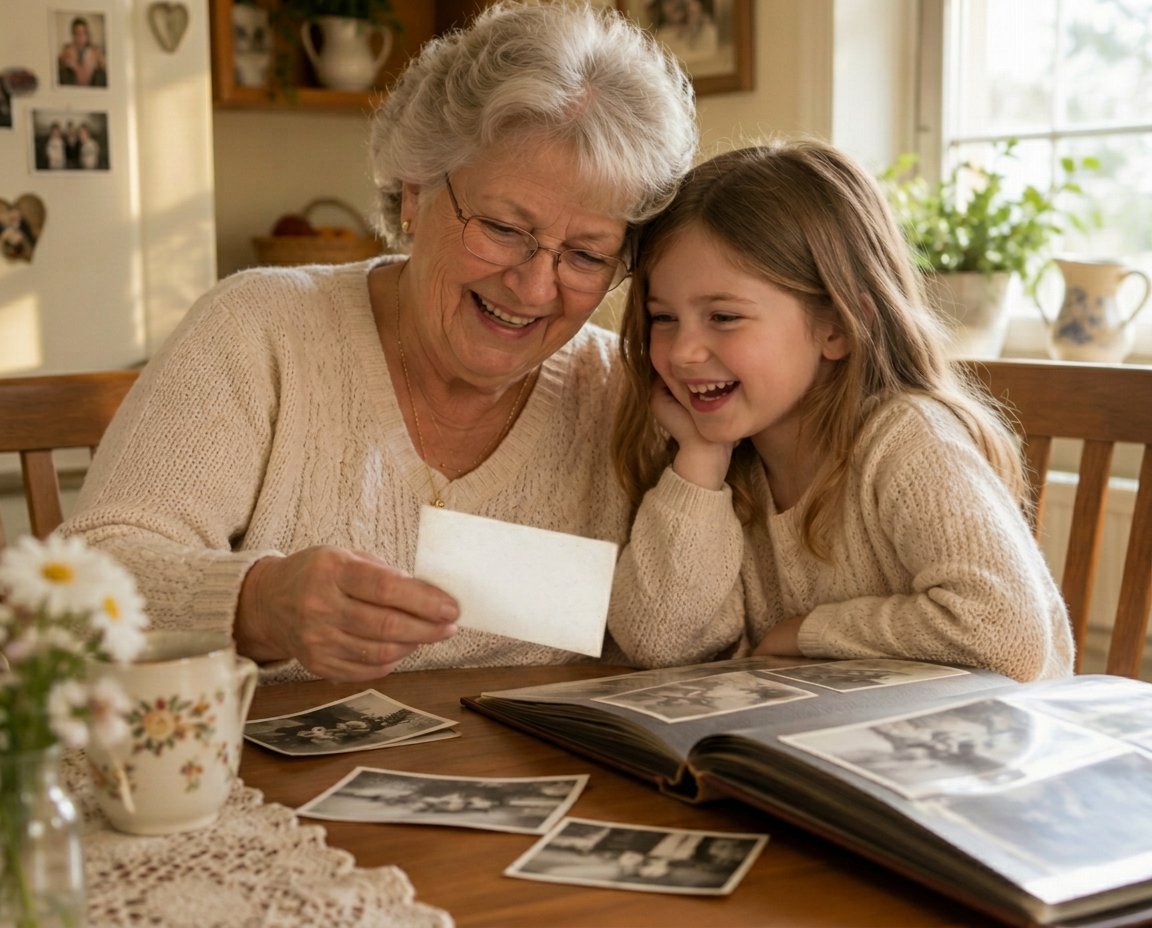 A grandmother and granddaughter laughing over an old family photo
