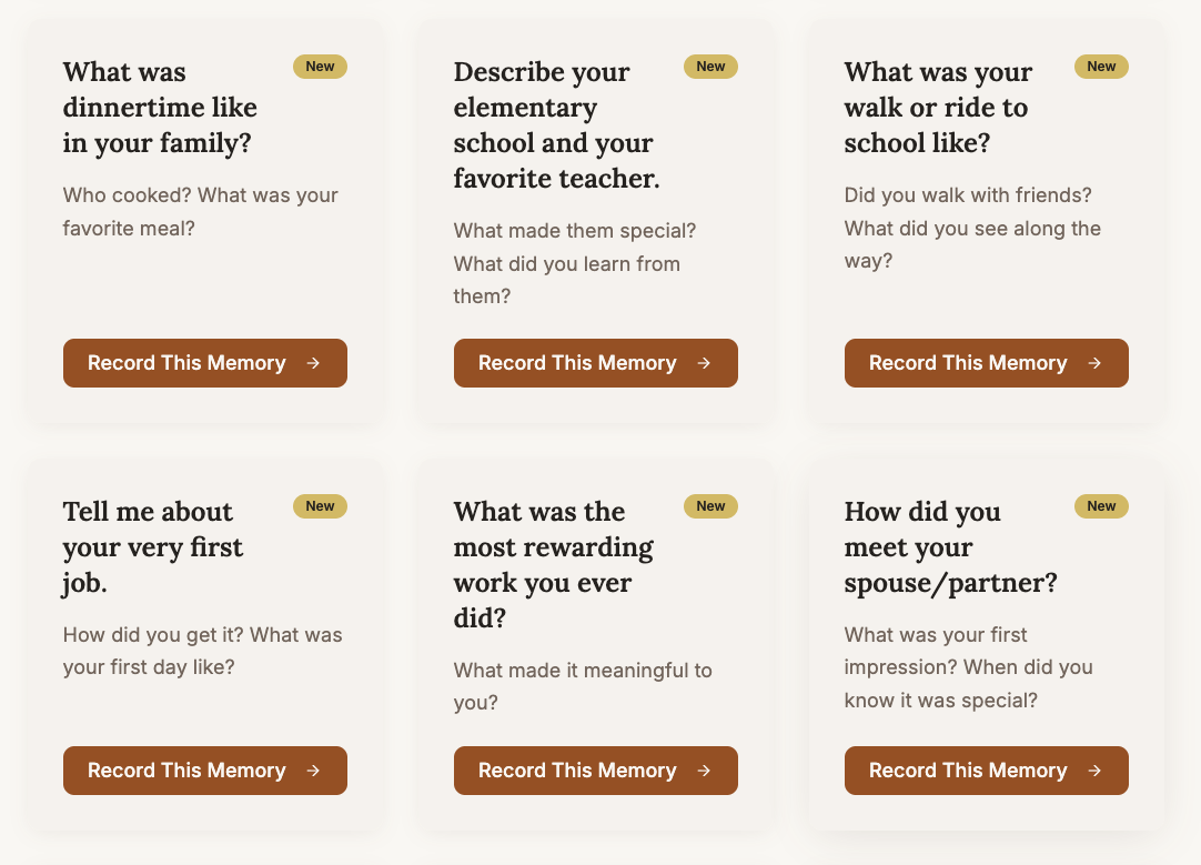Story prompts sharing interface for requesting family stories