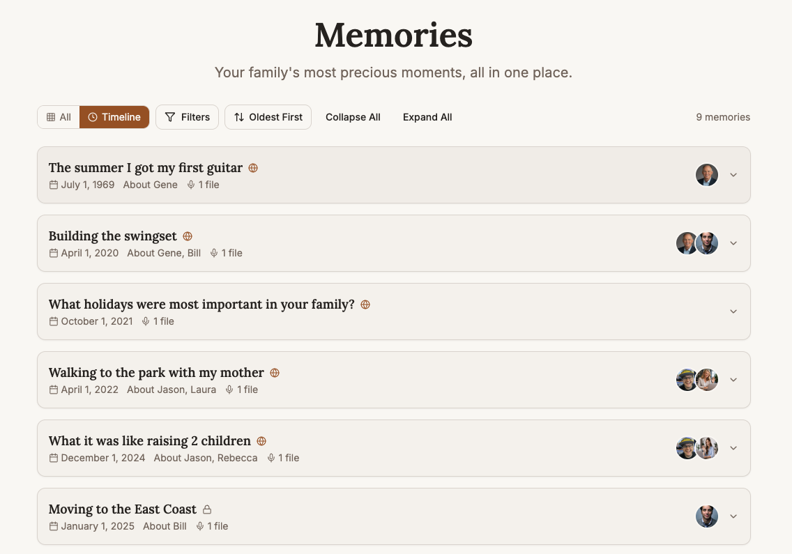 Family memory timeline showing stories organized by date