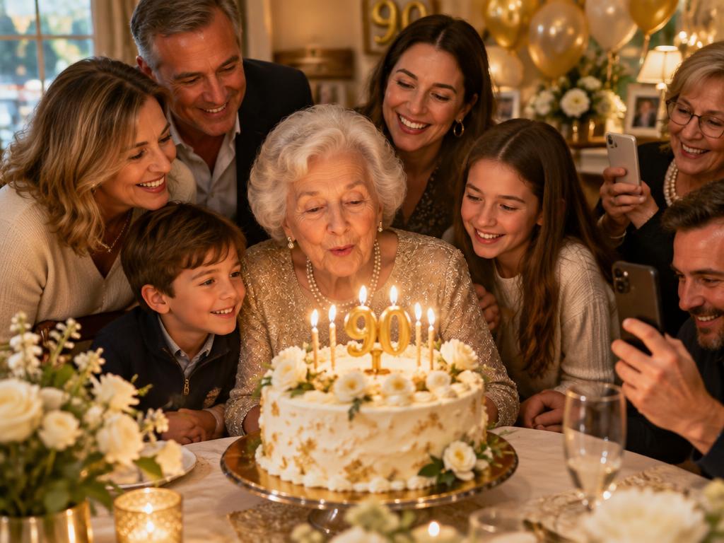A 90-year-old woman blowing out the candles on her birthday cake surrounded by her smiling family