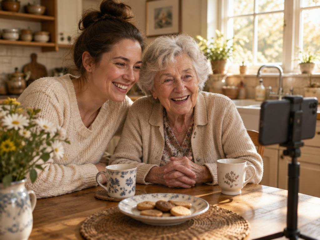 A daughter and her elderly mother recording a video together at the kitchen table