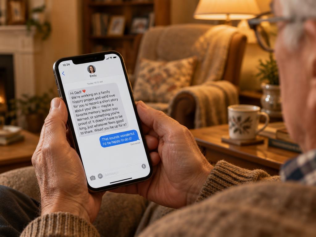 A grandfather reading a text message inviting him to record a family story